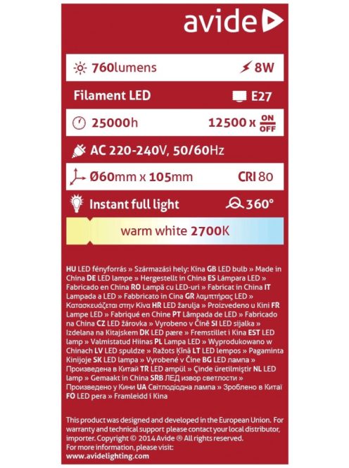 LED Filament E27 Gömb izzó 8W - Meleg fehér