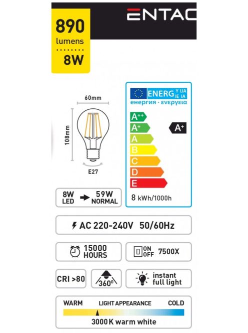 LED Filament izzó 8W E27 - Meleg fehér